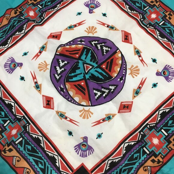 Vintage Wamcraft Scarf Kerchief Concha Thunderbird Fringe Leather RARE 22"x21.5" - Picture 2 of 8